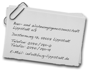 BWG Lippstadt eG | Bau- und Wohnungsgenossenschaft Lippstadt eG | Dusternweg 17 | 59557 Lippstadt | Telefon: 02941/2811-0